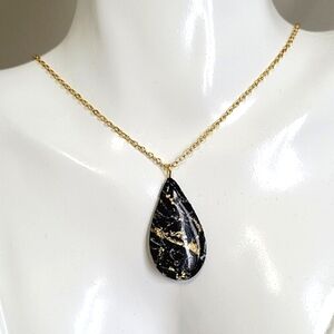 Artisan Boho Black Gold Marble Agate Gemstone Teardrop Pendant Necklace